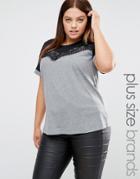 Junarose Short Sleeve Color Block Jersey Top With Lace Overlay - Gray