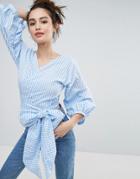 Pull & Bear Gingham Print Bow Front Balloon Sleeve Top - Blue
