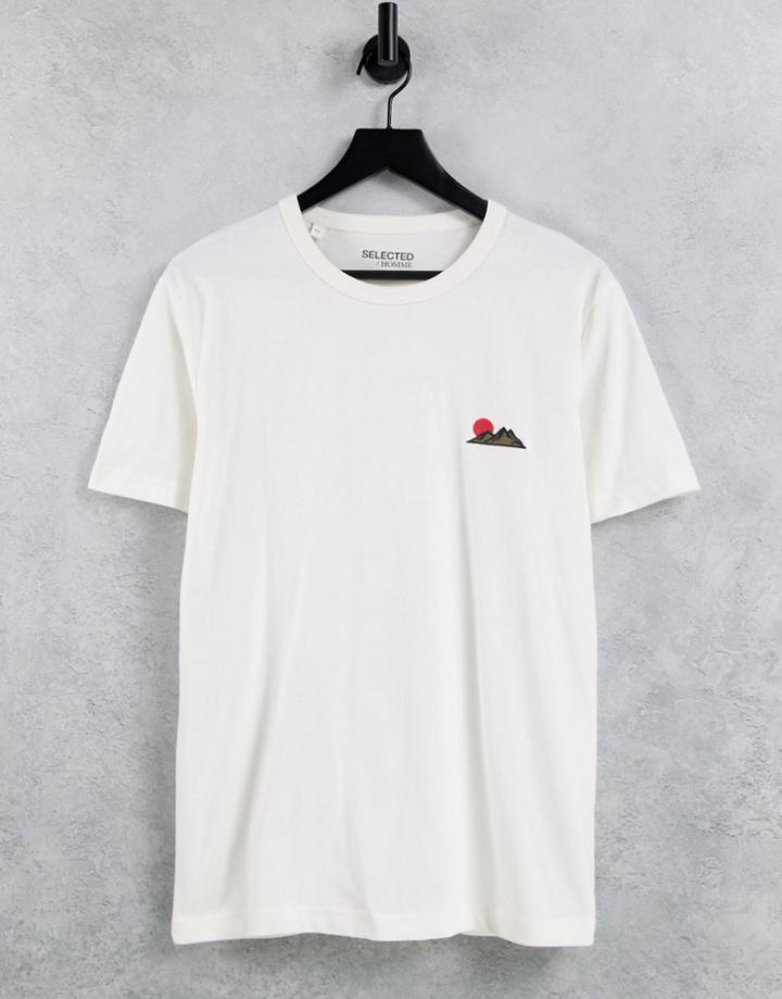 Selected Homme T-shirt With Mountain & Sun Embroidery In Beige-neutral