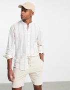 Pull & Bear Long Sleeve Linen Striped Grandad Shirt In Ecru-white