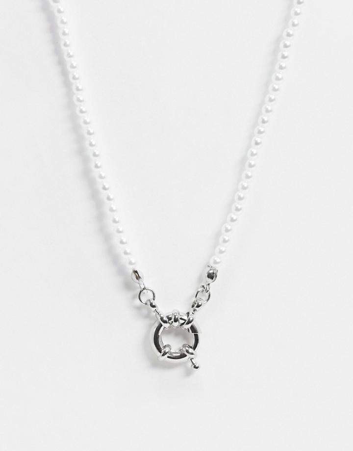 Asos Design Pearl Necklace With Bolt Ring Clasp In Silver Tone