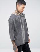 Asos Oversized 3/4 Sleeve T-shirt With Woven Panel And Acid Wash - Gra