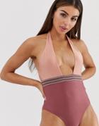 Miss Selfridge Exclusive Halter Neck Swimsuit With Taping In Pink - Tan