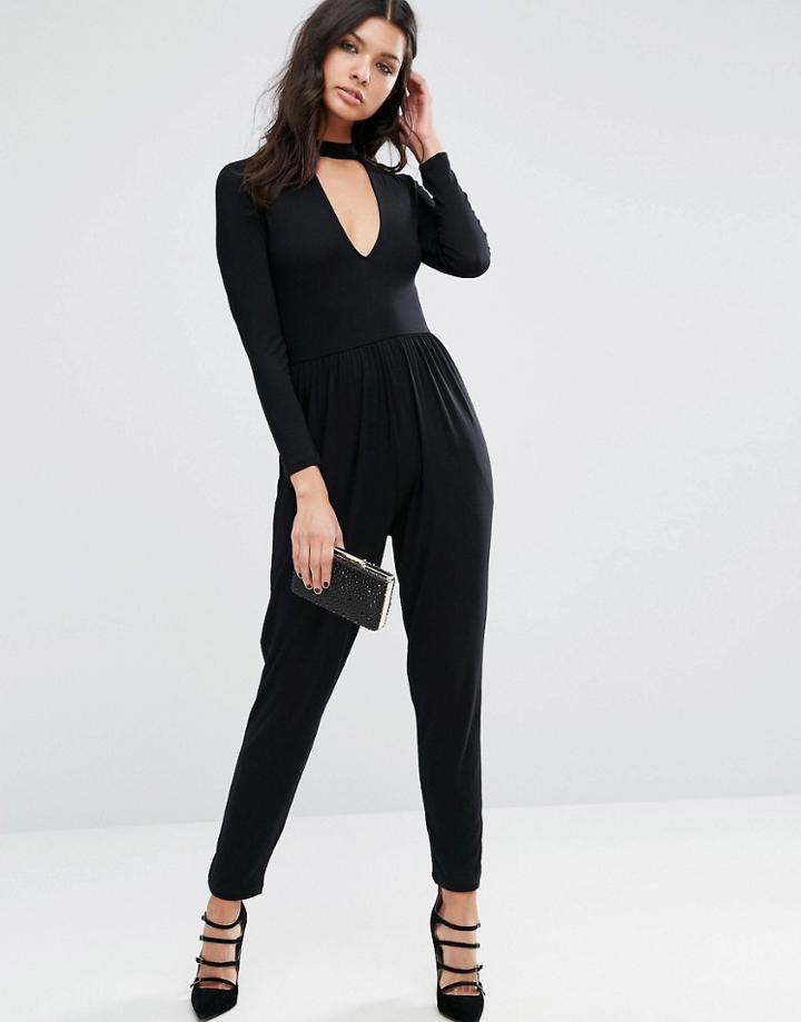 Asos Plunge Neck Jersey Jumpsuit With Long Sleeve - Black