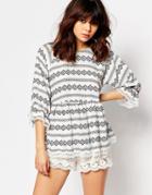 I Love Friday Smock Top With Lace Trims And 3/4 Sleeves - White