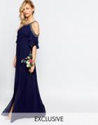 Tfnc Wedding Cold Shoulder Maxi Dress With Fluted Sleeve - Navy