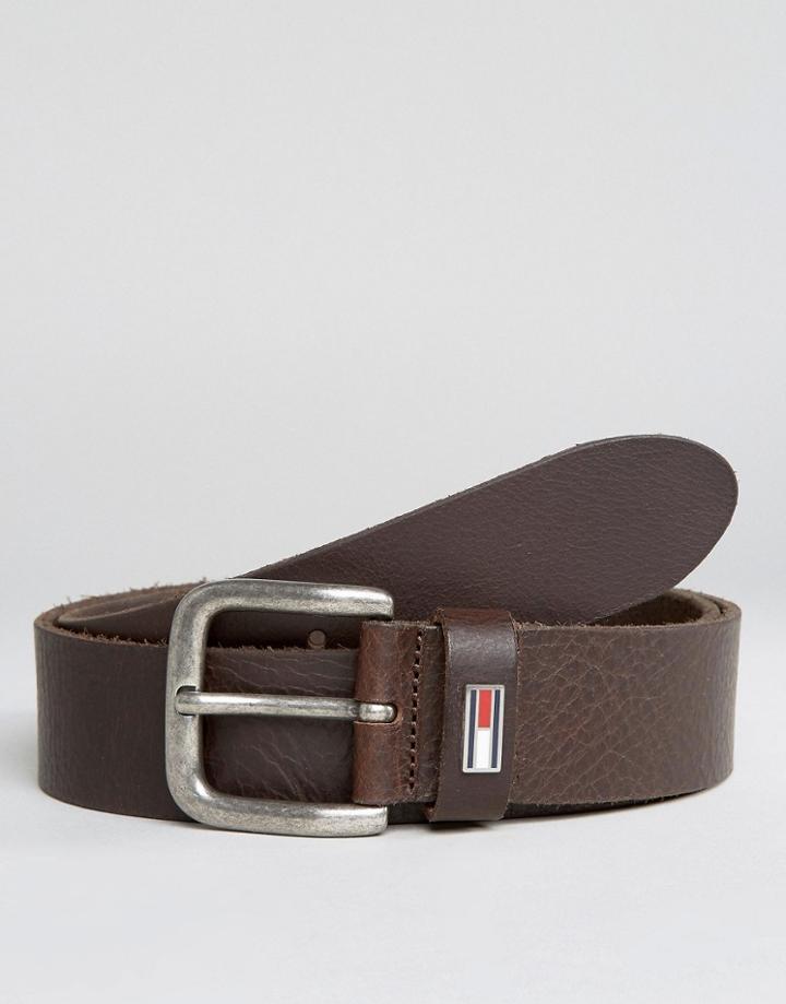 Tommy Hilfiger Denim Leather Belt With Flag Brown - Brown