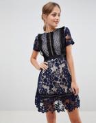 Liquorish Lace Mini Dress With Contrast Lining - Navy