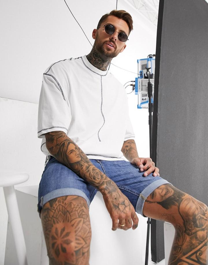 Asos Design Oversized T-shirt With Contrast Stitching And Rib Panel In White