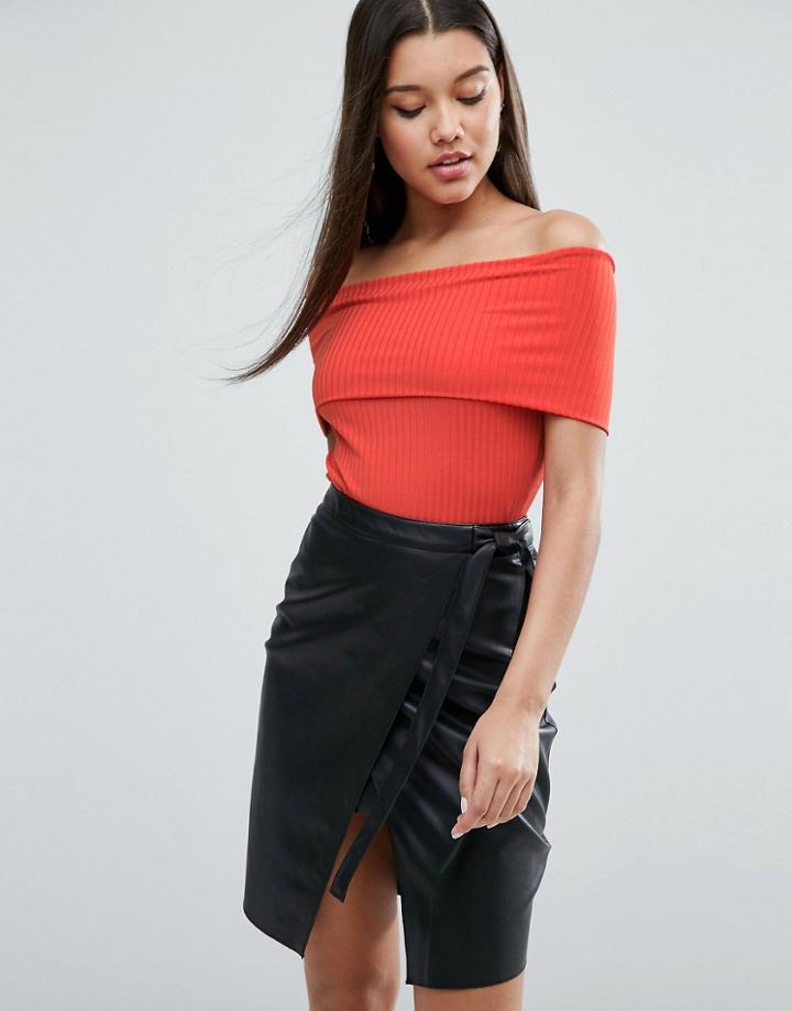 Asos Off Shoulder Top With Deep Fold In Rib - Orange