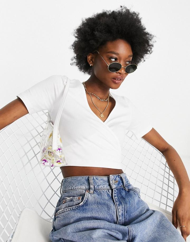 Asos Design Short Sleeve Wrap Front Crop Top In Cream-neutral