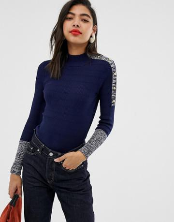Max & Co Contrast Cuff Roll Neck Sweater - Navy