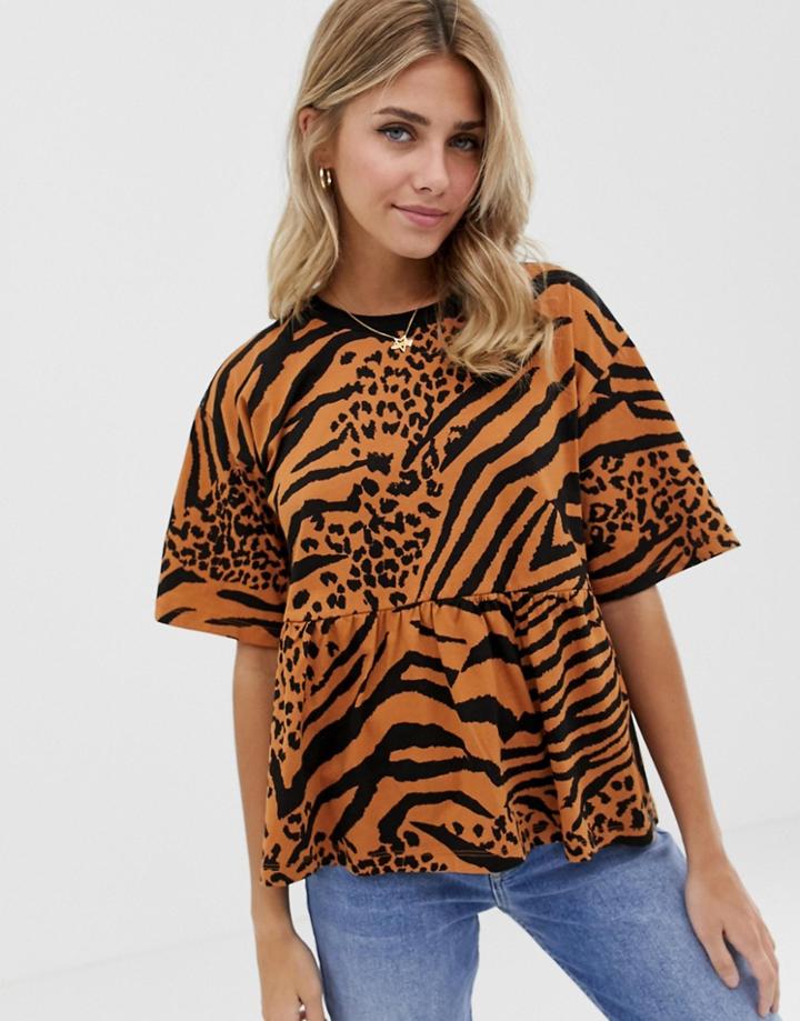 Asos Design Smock Top In Mixed Animal Print - Brown