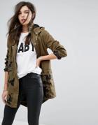 Missguided Khaki Embroidered Hooded Parka Jacket - Green