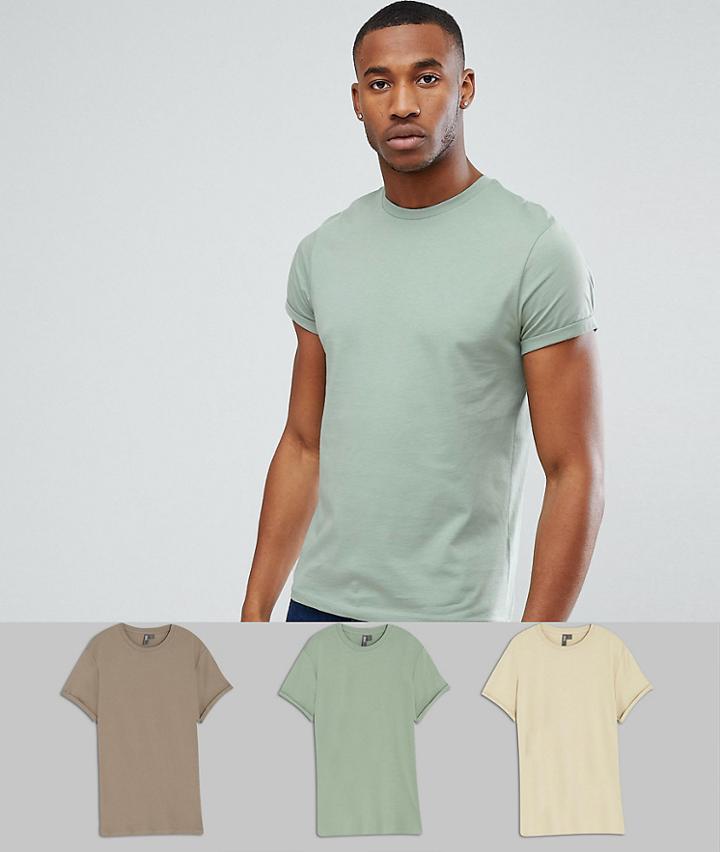 Asos Design Crew Neck T-shirt With Roll Sleeve 3 Pack Save - Multi