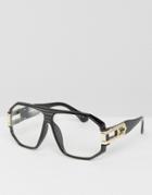 Asos Geeky Clear Lens Plastic Aviator With Metal Chain Arm Detail - Black