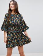 Qed London Floral Smock Dress With Frill - Black
