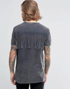 Asos Longline T-shirt With Fringe Back In Acid Wash Gray - Acid Black