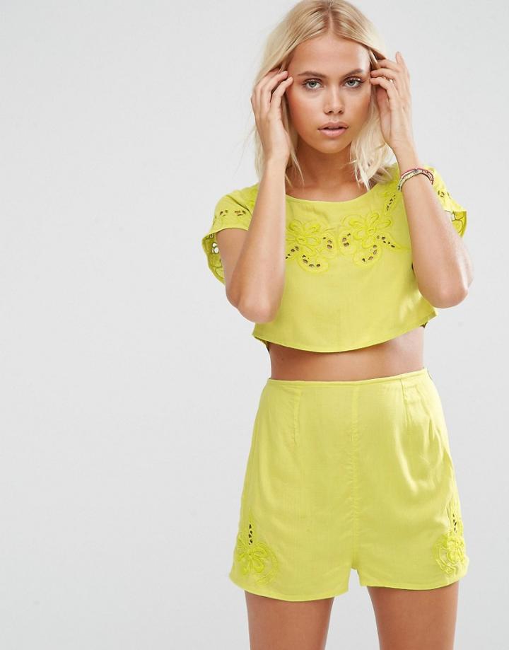 Asos Bali Embroidered Cut Work Scallop Beach Crop Top Co-ord - Green