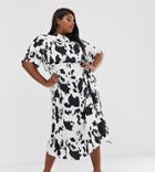 Asos Design Curve Ruched Skirt Midi Dress In Cow Print - Multi