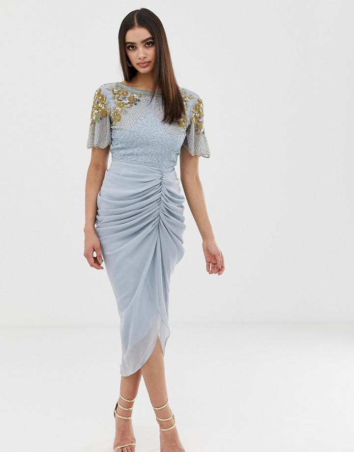 Virgos Lounge Embellished Midi Dress With Ruched Skirt Detail In Blue-navy