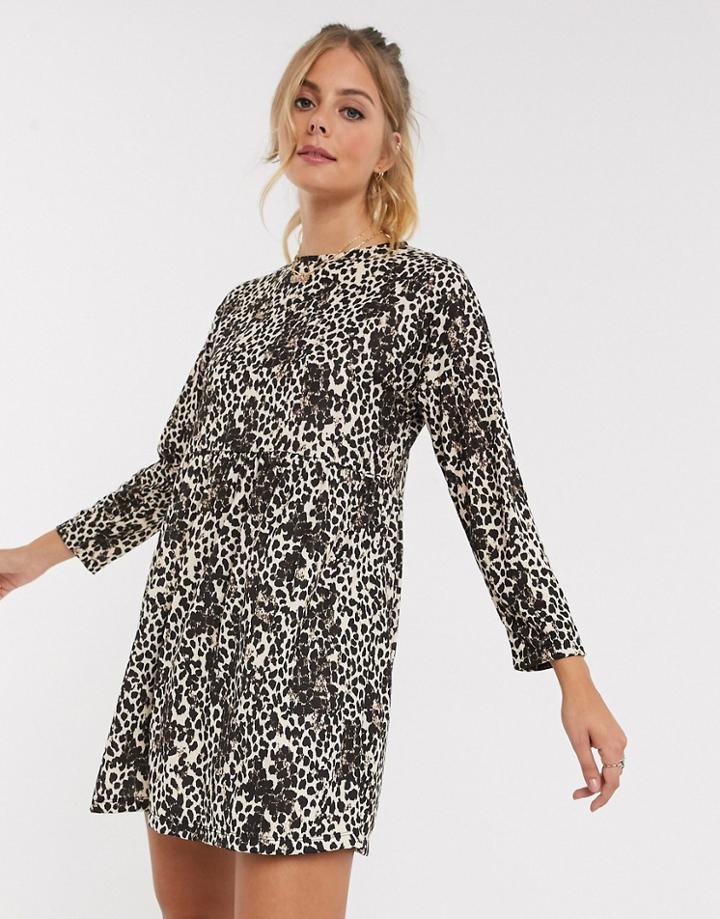 Asos Design Smock Mini Dress In Leopard Print-multi