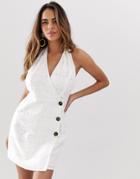 Asos Design Fuller Bust Palm Broderie Wrap Halter Mini Sundress With Side Buttons-white