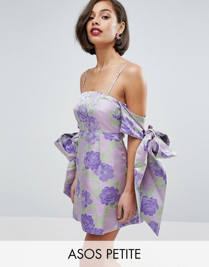 Asos Petite Salon Jacquard Bow Tie Cold Shoulder Empire Mini Dress - Purple