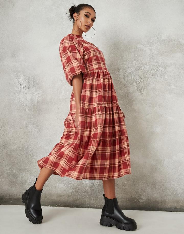 Missguided Puff Sleeve Midi Smock Dress In Red Check-orange