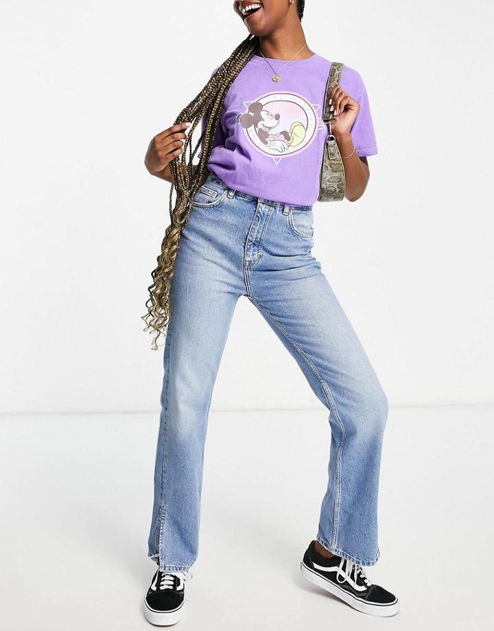 Pull & Bear Petite 90s Straight Leg With Slit Hem In Medium Blue-blues