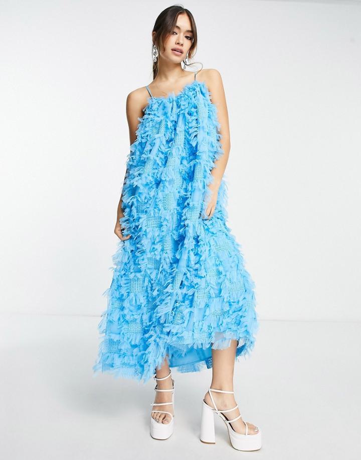 Asos Edition Trapeze Textured Mesh Cami Midi Dress In Electric Blue