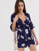 Influence Wrap Front Romper With Ladder Detail In Floral Print-navy