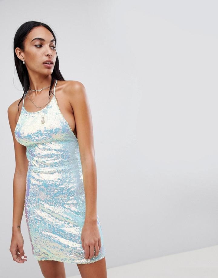 Motel Strappy Back Bodycon Mini Dress In Sequin - Blue