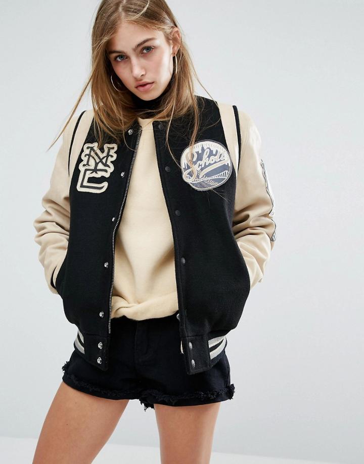 Schott Leather Varsity Bomber Jacket - Black