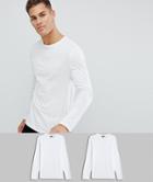 Asos Design 2 Pack Long Sleeve T-shirt With Crew Neck Save-white