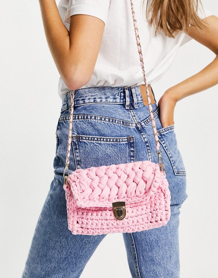 My Accessories London Crochet Cross Body Bag In Pink With Chain Strap
