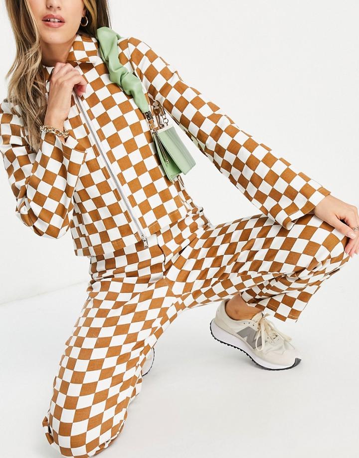 Annorlunda High Waisted Wide Leg Pants In Checkerboard Print Set-multi