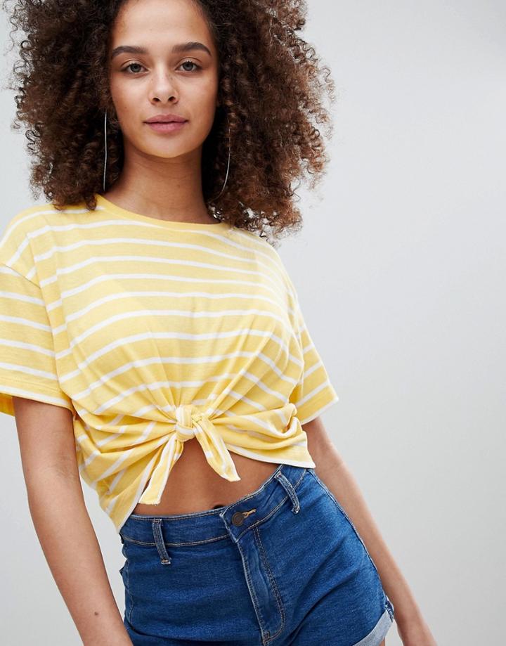 Bershka Stripe Oversized Knot Front Tee - White