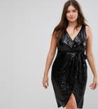 Tfnc Plus Wrap Front Sequin Midi Dress With Satin Waist Band - Black