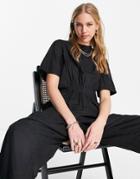 Asos Design Cupro Minimal Ruched Waist Jumpsuit In Black