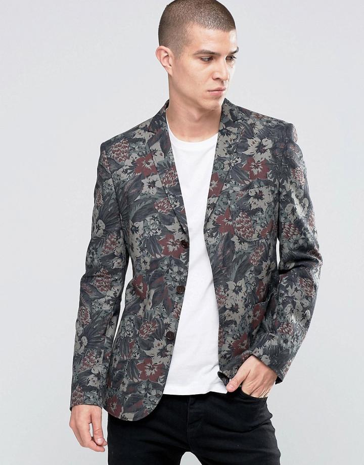 Asos Slim Blazer In Flower Camo Print - Green