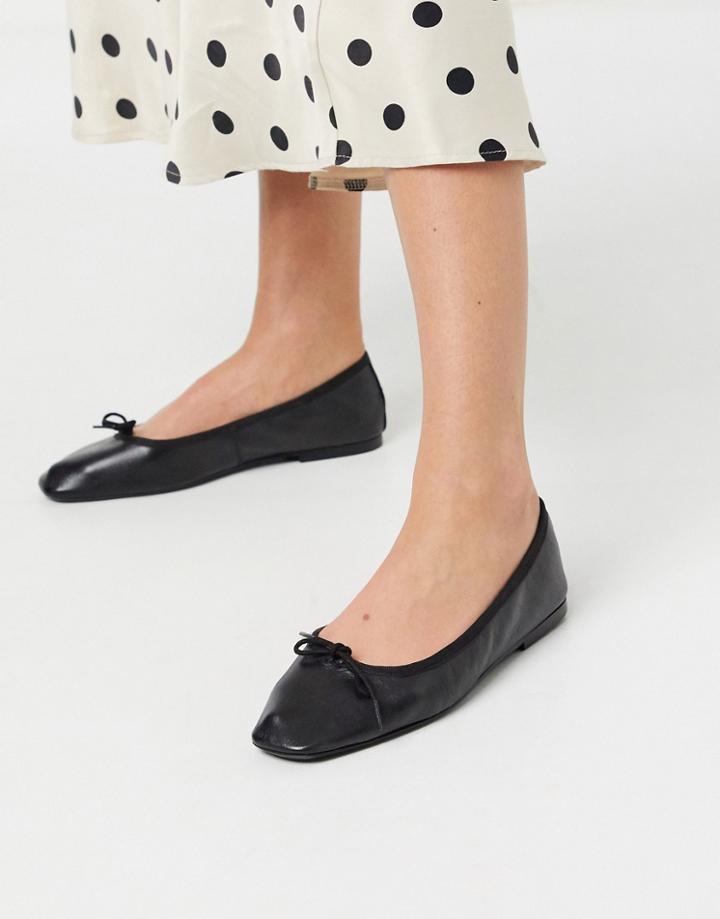 Asos Design Layer Leather Bow Ballet Flats In Black