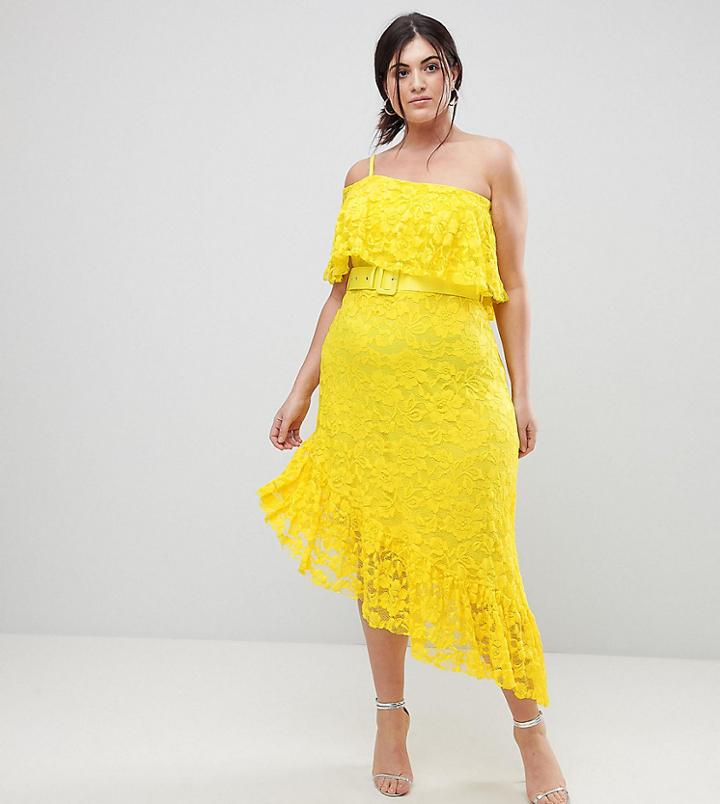 Asos Curve One Shoulder Asymmetric Lace Midi Skater Dress With Belt - Yellow