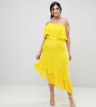 Asos Curve One Shoulder Asymmetric Lace Midi Skater Dress With Belt - Yellow