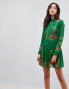 Asos Premium Geo-tribal Mini Embroidered Skater Shirt Dress - Green