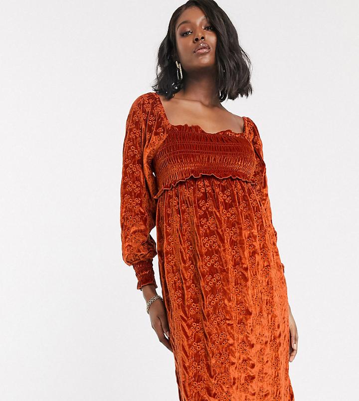 Asos Design Maternity Velvet Broderie Shirred Midi Dress In Rust