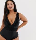River Island Plus Swimsuit With Lace Insert In Black - Black