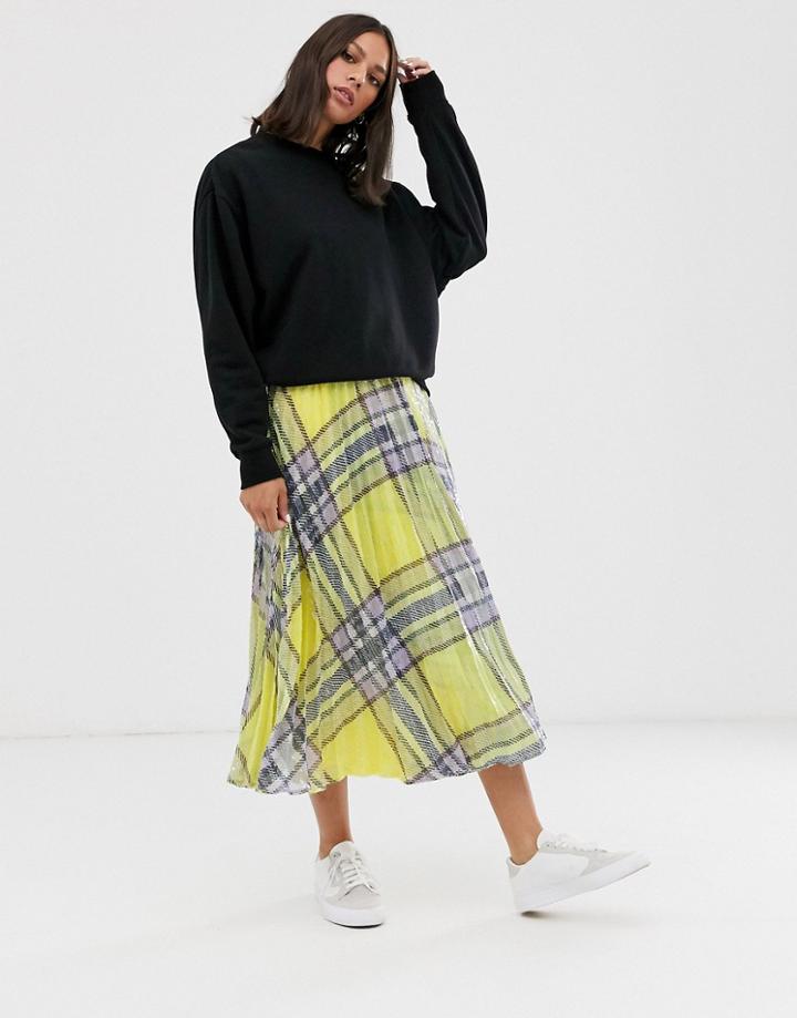 Asos Design Sequin Check Pleated Midi Wrap Skirt-multi