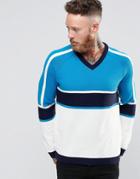 Asos V Neck Sweater With Retro Color Block - Blue