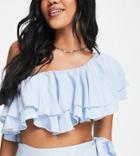 Esmee Exclusive One Shoulder Frill Crop Beach Top In Blue - Part Of A Set